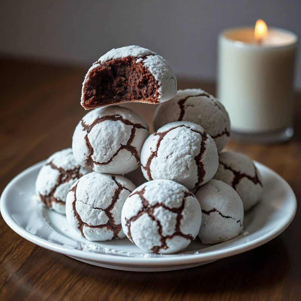 Chocolate snowball cookies with powdered sugar coating stacked on white plate beside lit candle.