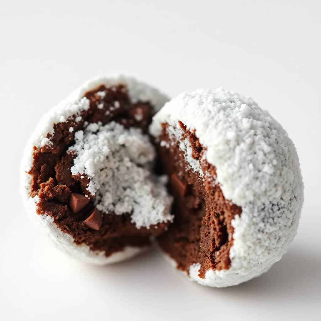 Chocolate snowball cookies split open, revealing rich cocoa cake interior, coated in white powdered sugar.