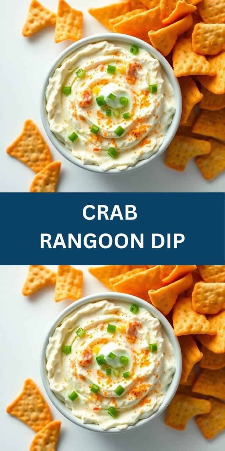 Crab rangoon dip in white bowl garnished with green onions, surrounded by orange crackers.