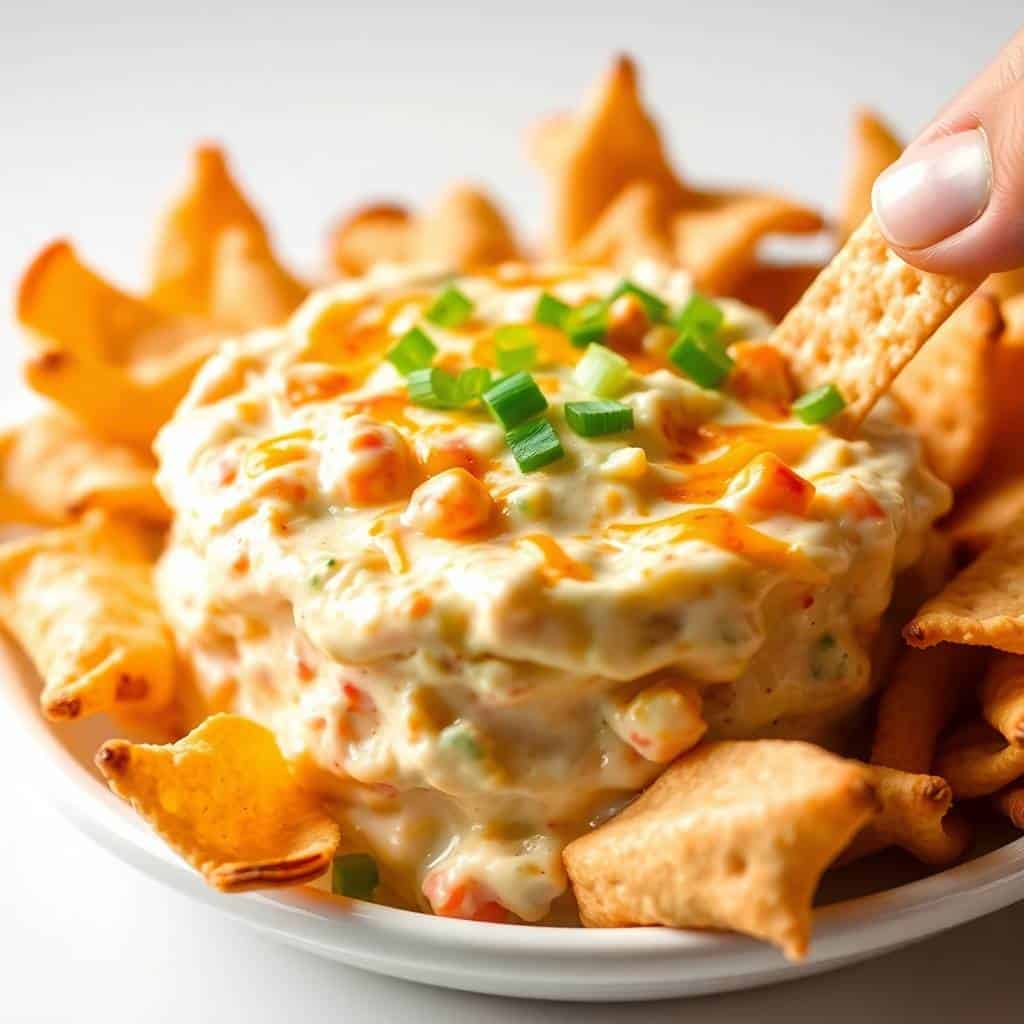 Crab rangoon dip with creamy sauce, crispy wonton chips, green onions, and red pepper flakes on white plate.