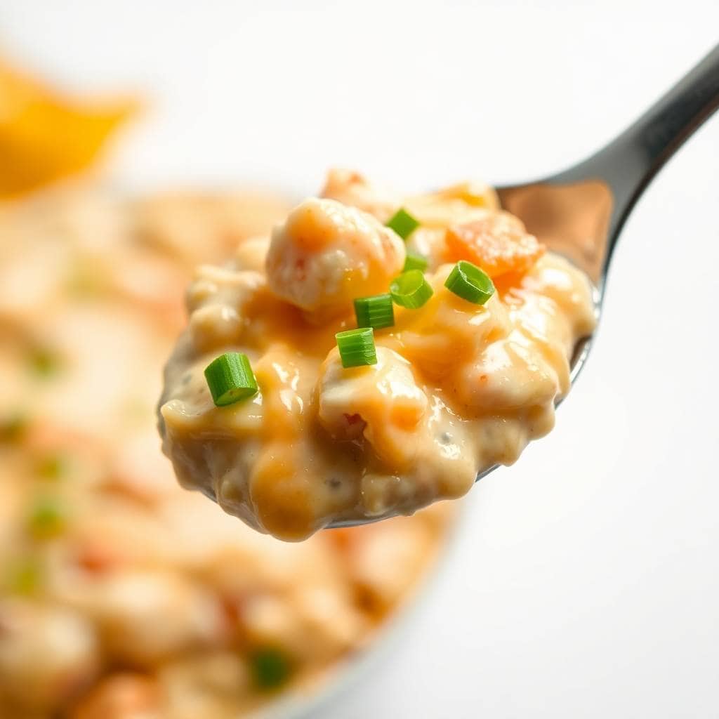 Crab Rangoon dip with creamy texture, garnished with green onions, served on a spoon.
