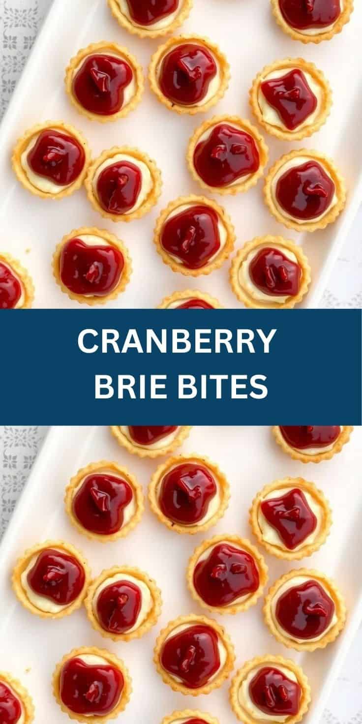 Cranberry brie bites arranged on white platter with golden pastry shells and bright red fruit topping.