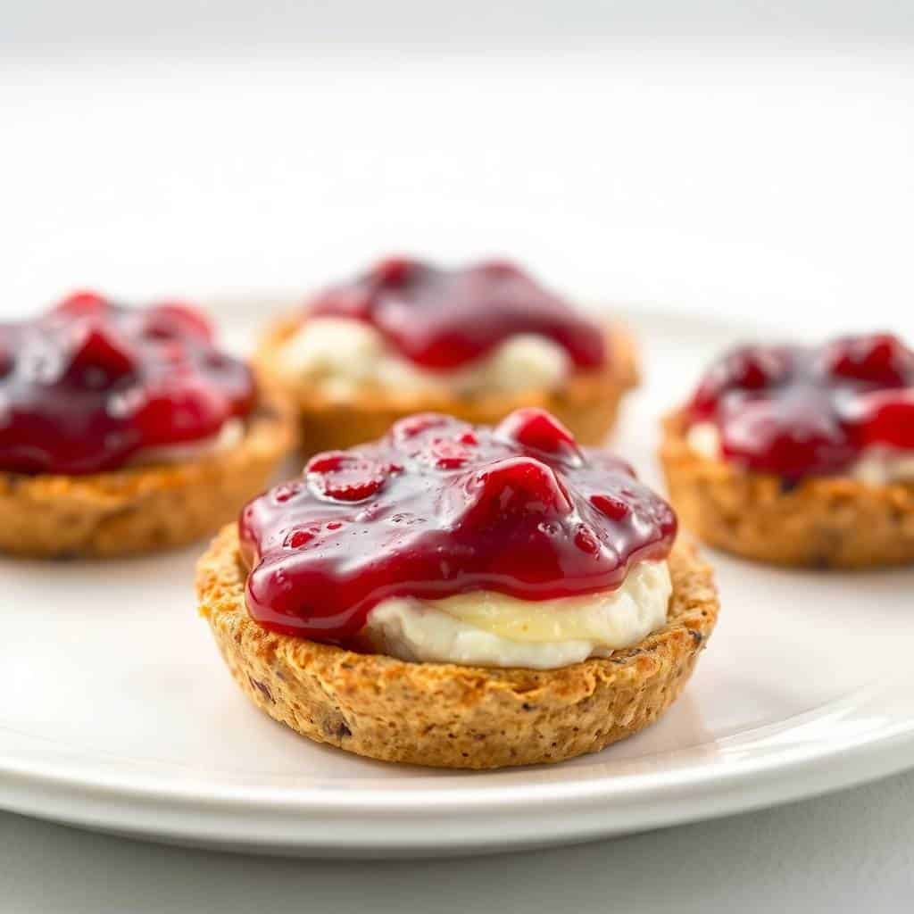 Cranberry brie bites with golden pastry cups, creamy filling, and red fruit topping on white plate.