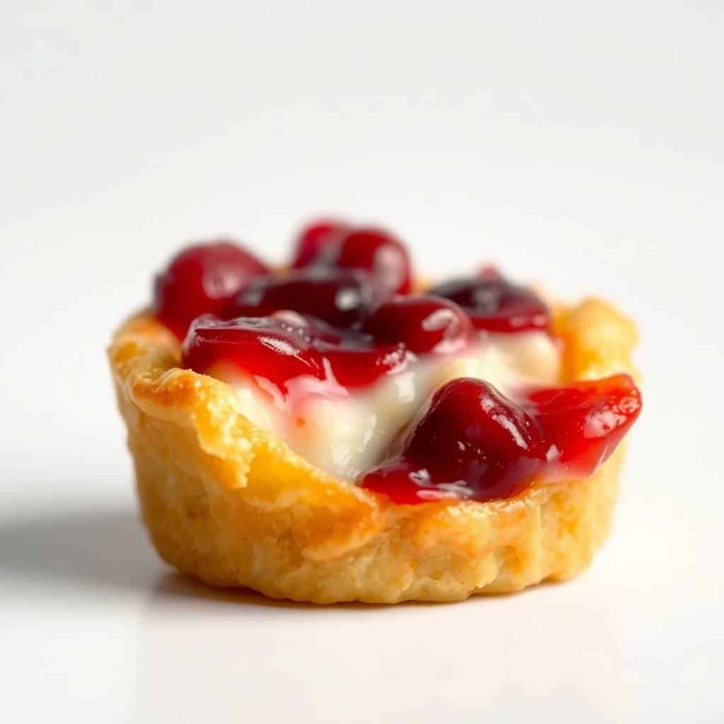 Cranberry brie bite with golden pastry cup, melted cheese filling, and glossy red cranberry topping on white surface.