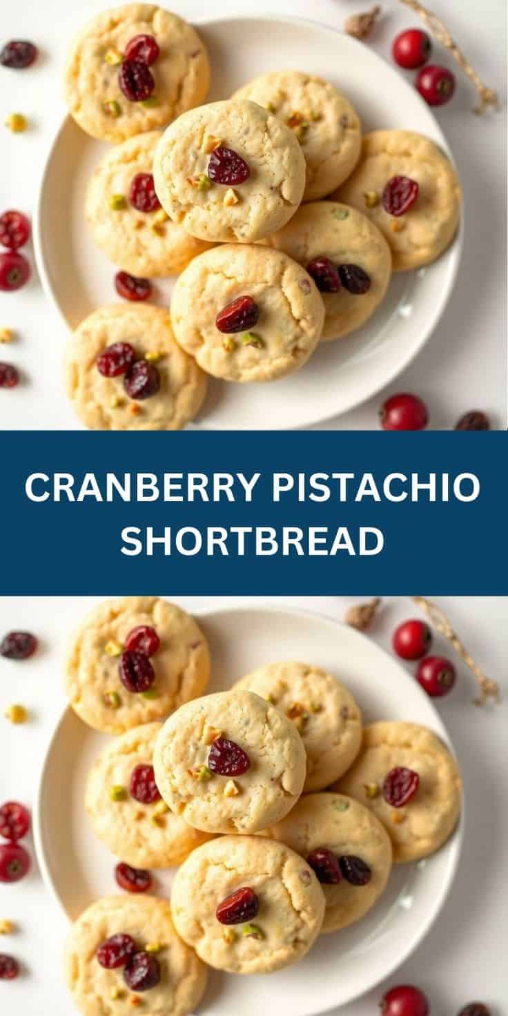 Cranberry pistachio shortbread cookies arranged on white plate with scattered cranberries and pistachios.