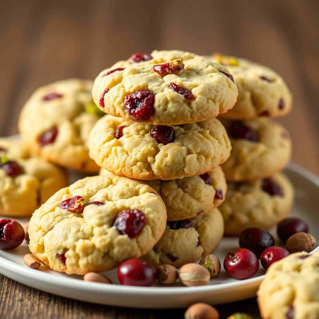 Cranberry pistachio shortbread cookies stacked on white plate with scattered nuts and berries.