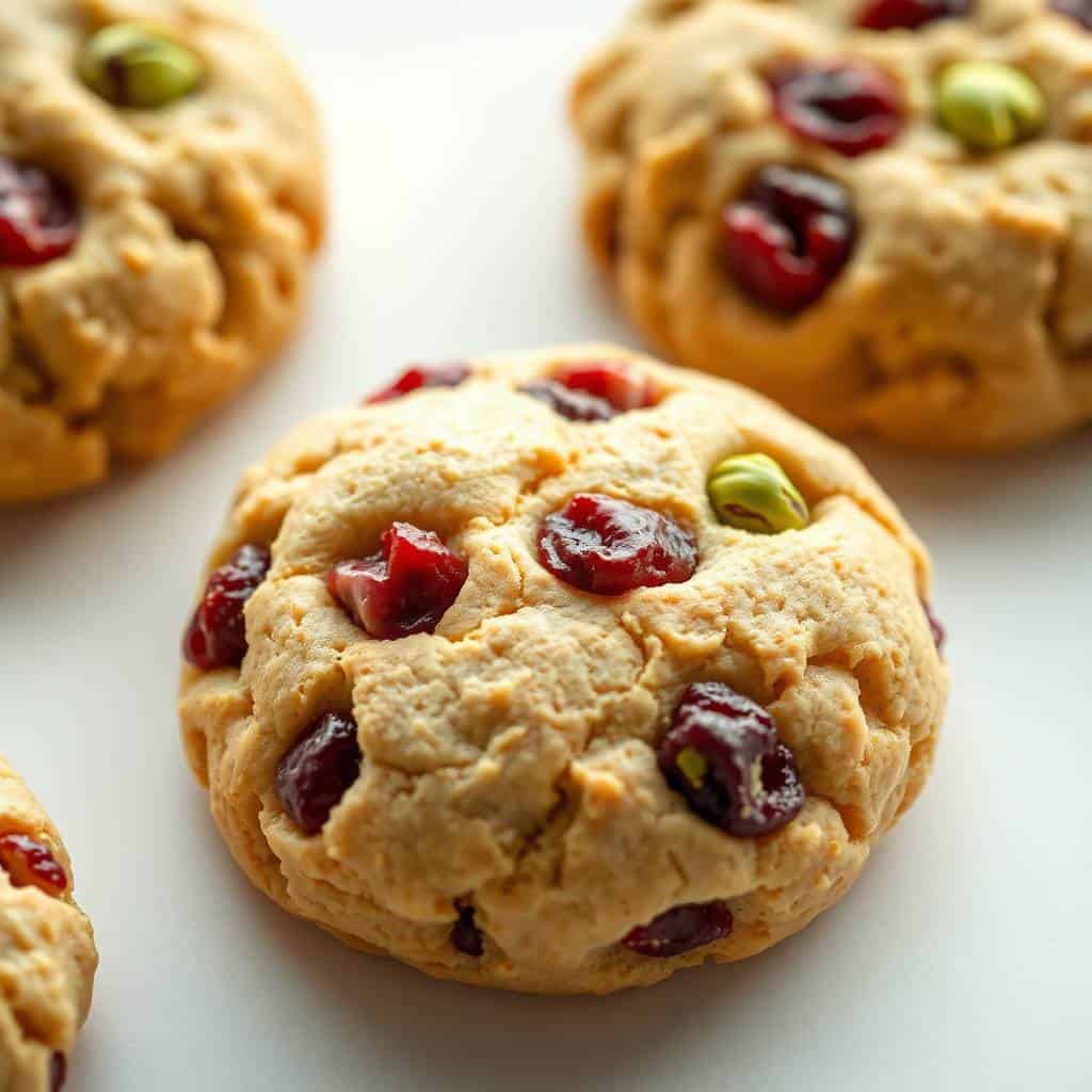 Cranberry pistachio shortbread cookies with red dried cranberries and green pistachios on white surface.