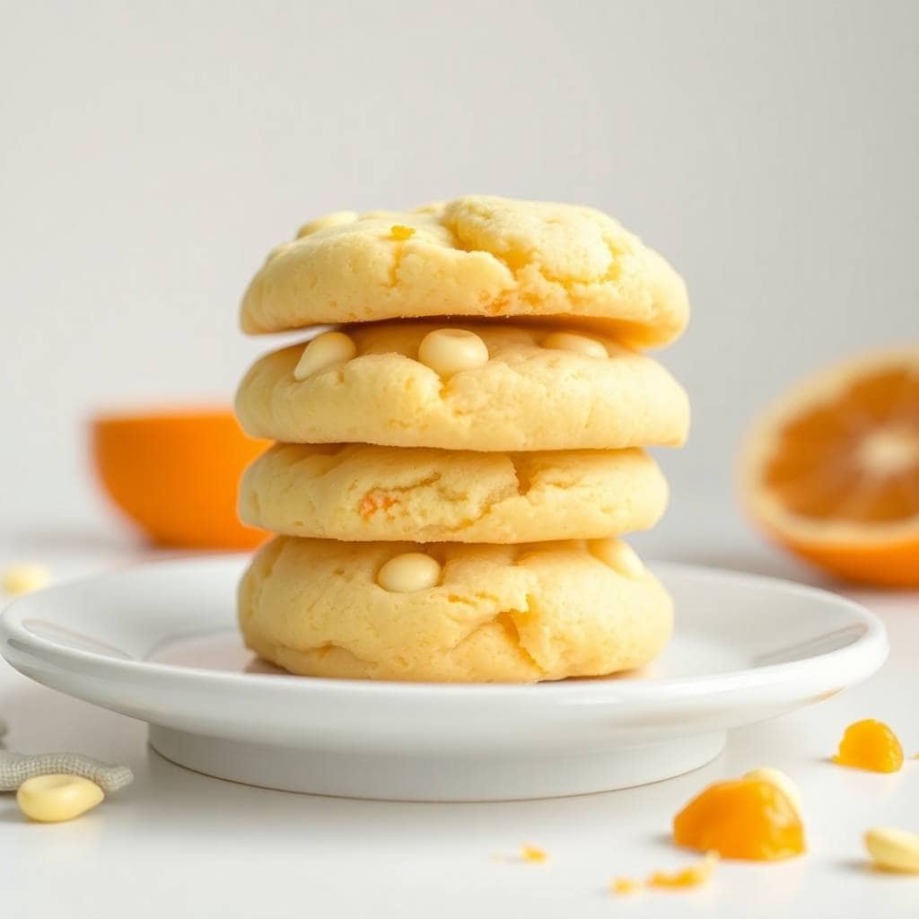 Stack of four creamsicle orange cookies with white chocolate chips on a white plate.