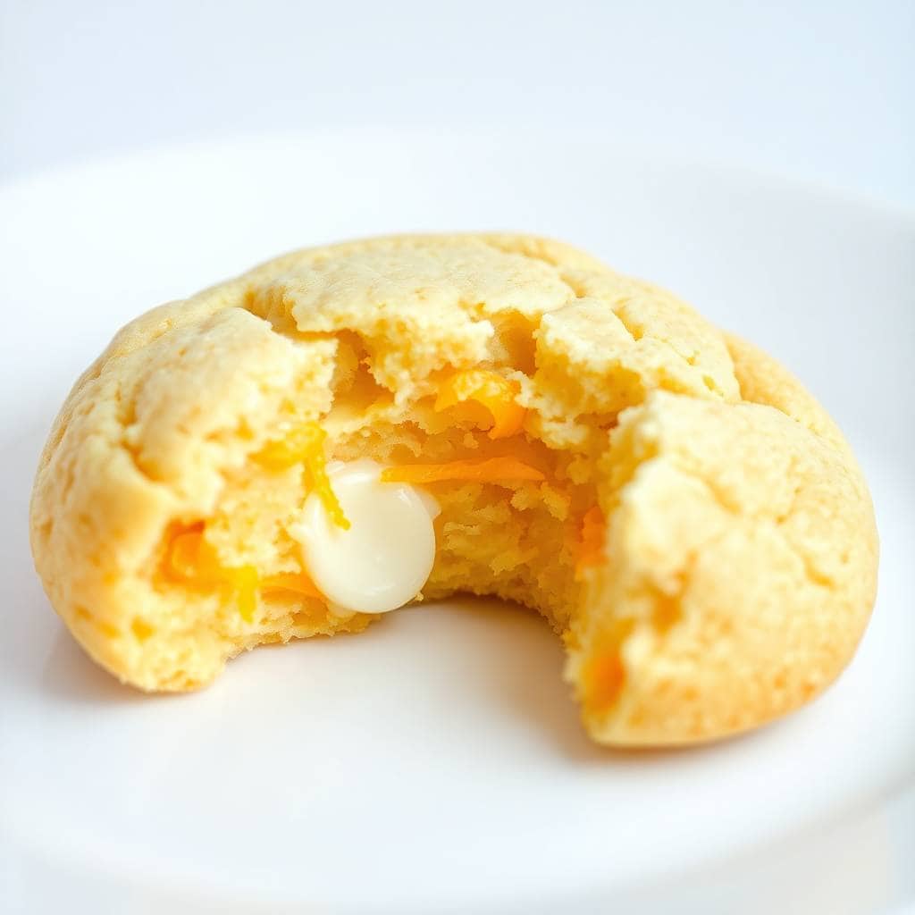 Creamsicle orange cookie broken in half revealing white chocolate chips and orange filling inside.
