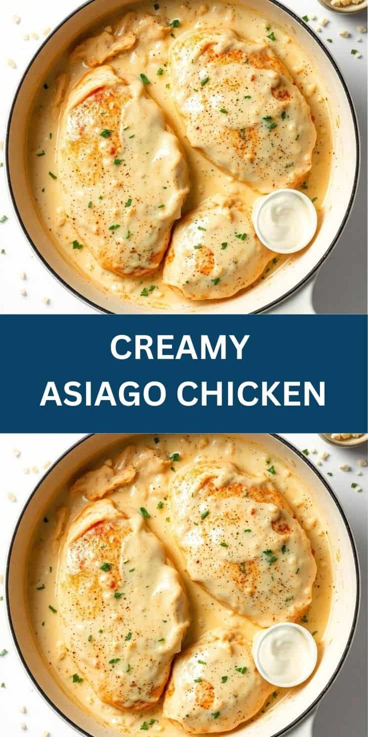 Creamy Asiago chicken breasts in rich sauce, garnished with fresh chives in a skillet.