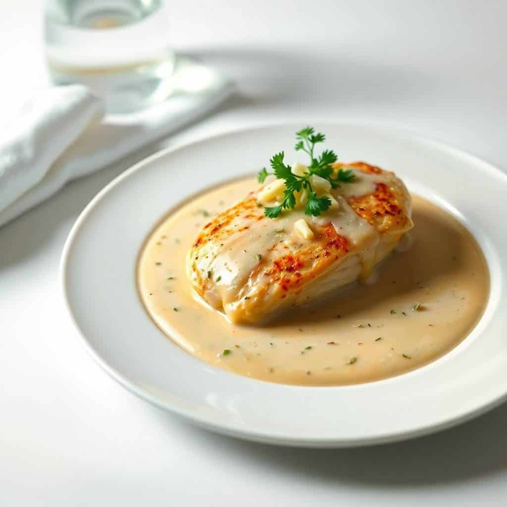 Creamy Asiago chicken breast with golden crust on white plate with sauce and parsley garnish.