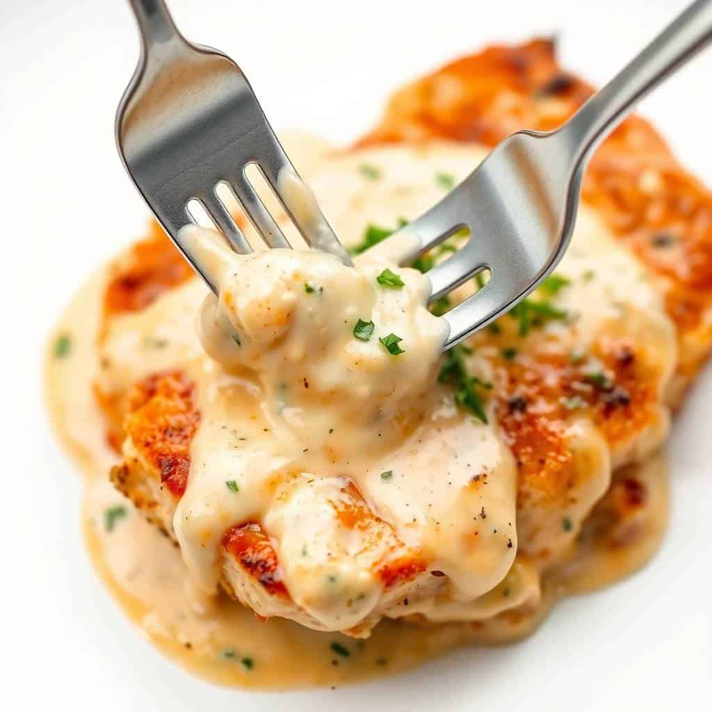 Creamy Asiago chicken with seared golden crust, topped with herb garnish, being cut with fork.
