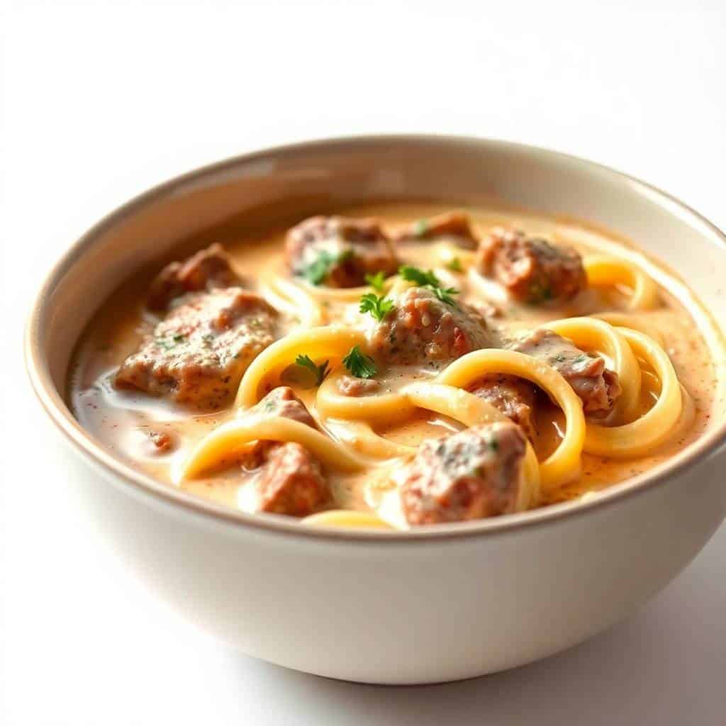 Creamy beef stroganoff with egg noodles in white bowl, garnished with fresh parsley.