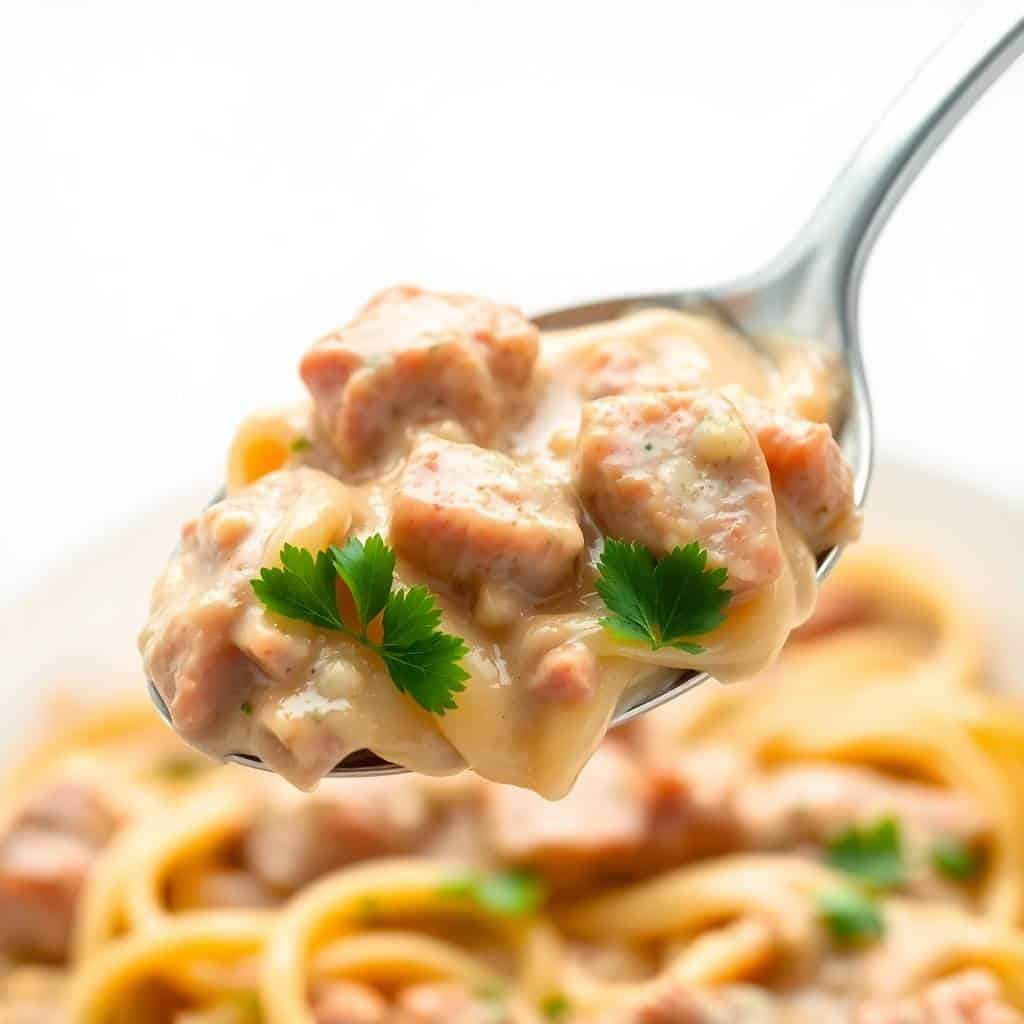 Creamy beef stroganoff with tender noodles on spoon, garnished with fresh parsley.