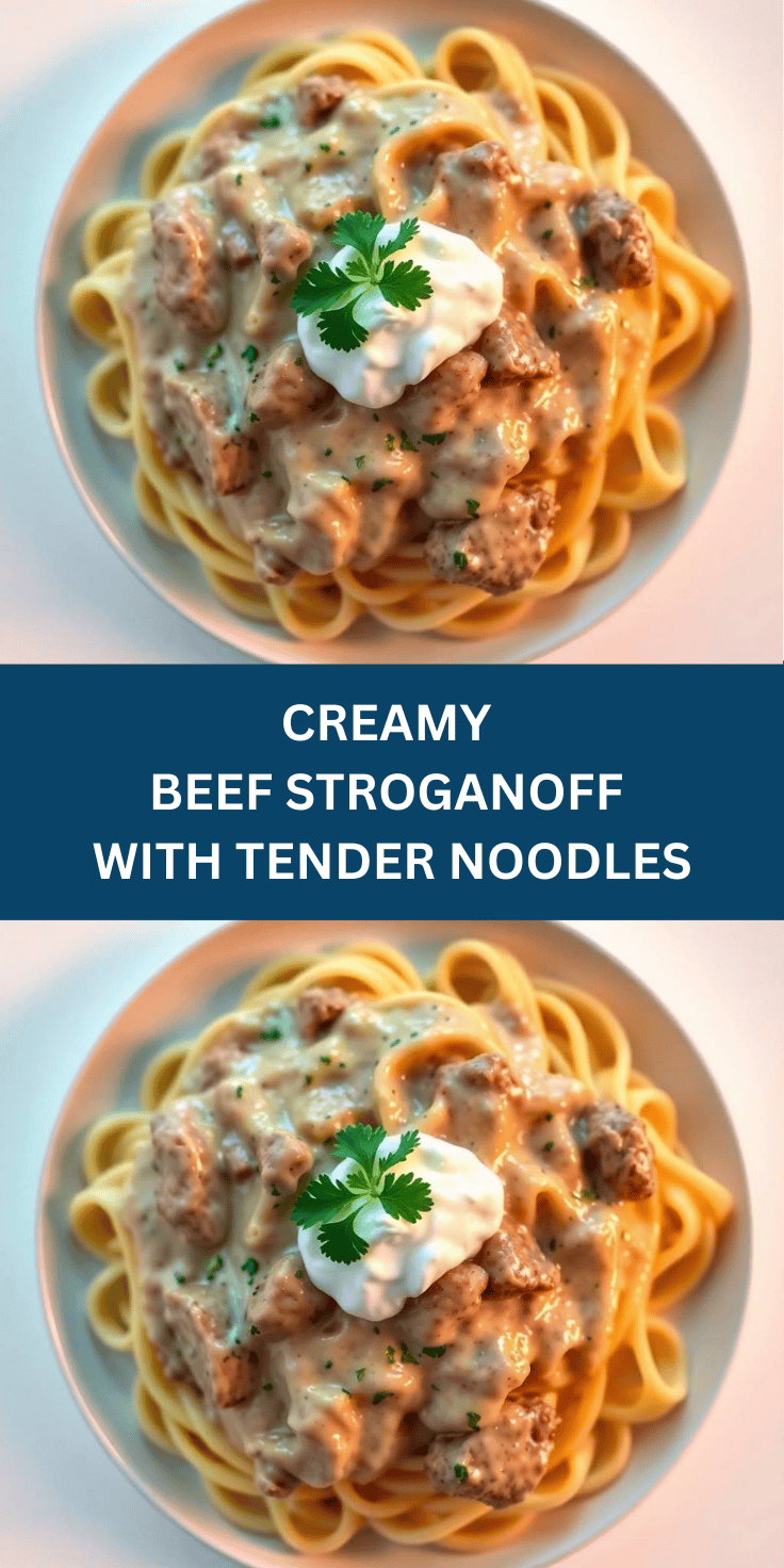 Creamy beef stroganoff with golden noodles, sour cream dollop, and fresh parsley garnish on white plate.