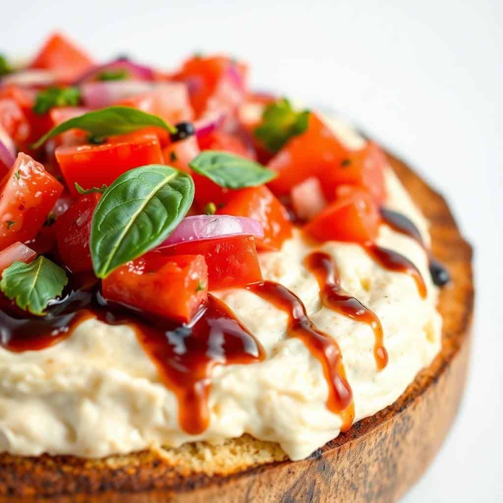 creamy bruschetta dip with tomato basil topping and balsamic drizzle