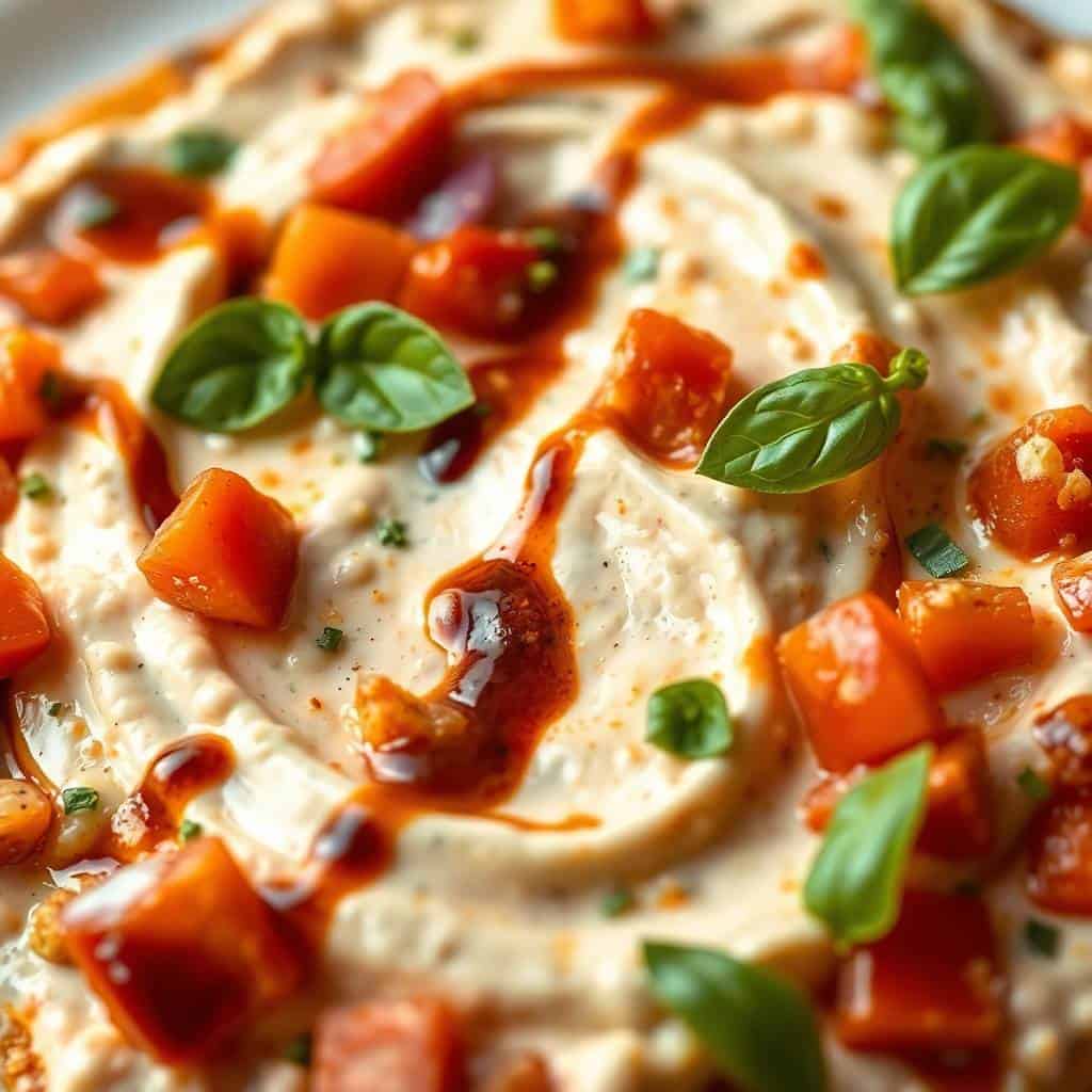 creamy bruschetta dip close up served with toasted baguette slices