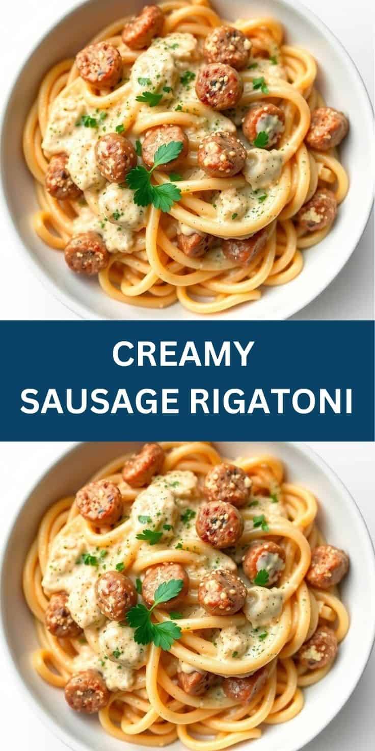 Creamy sausage rigatoni with browned meatballs, garnished with parsley on white plate.