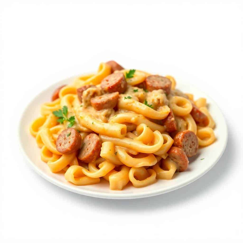 Creamy sausage rigatoni with sliced sausage pieces and parsley garnish on white plate.