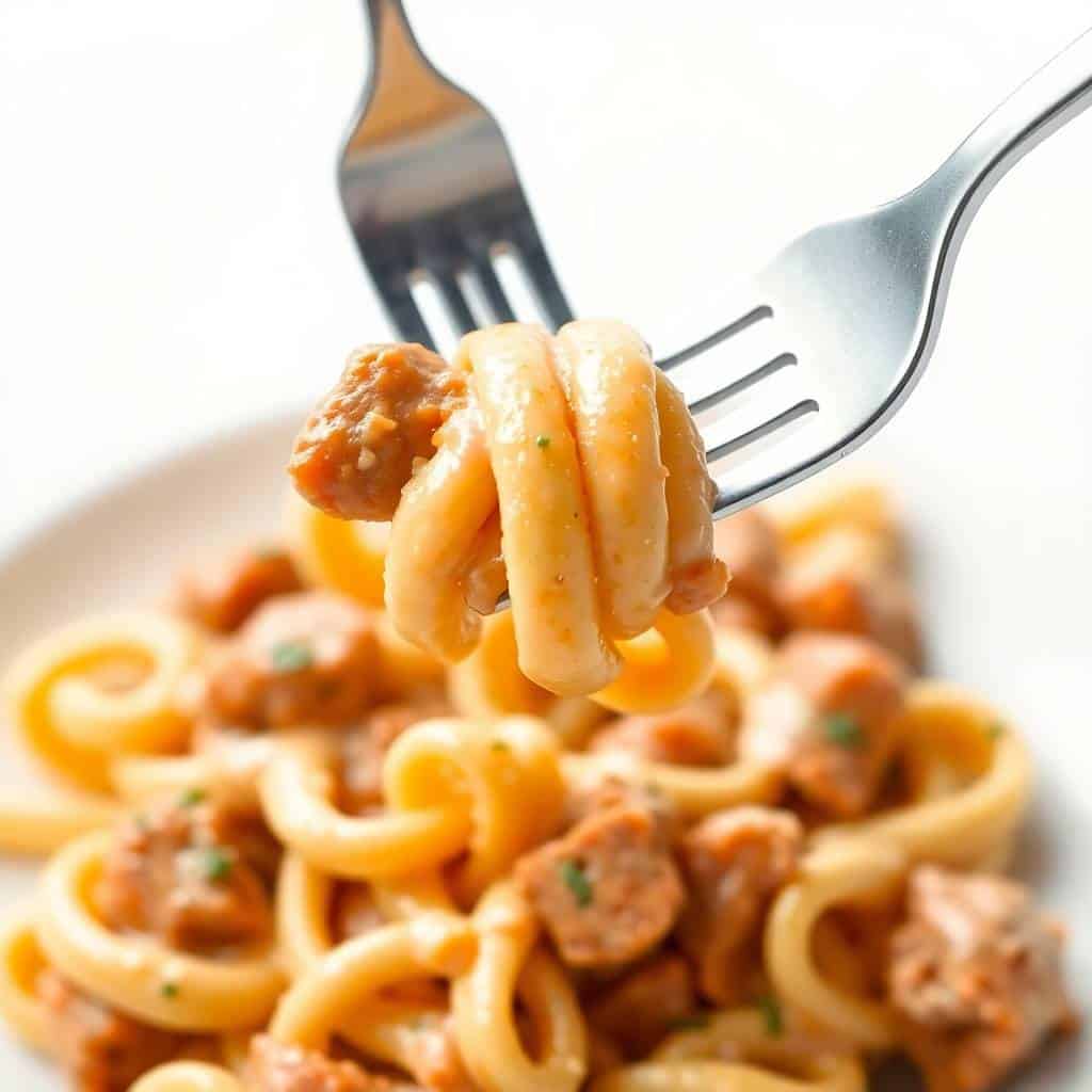 Creamy sausage rigatoni twirled on fork, garnished with herbs, served on white plate.