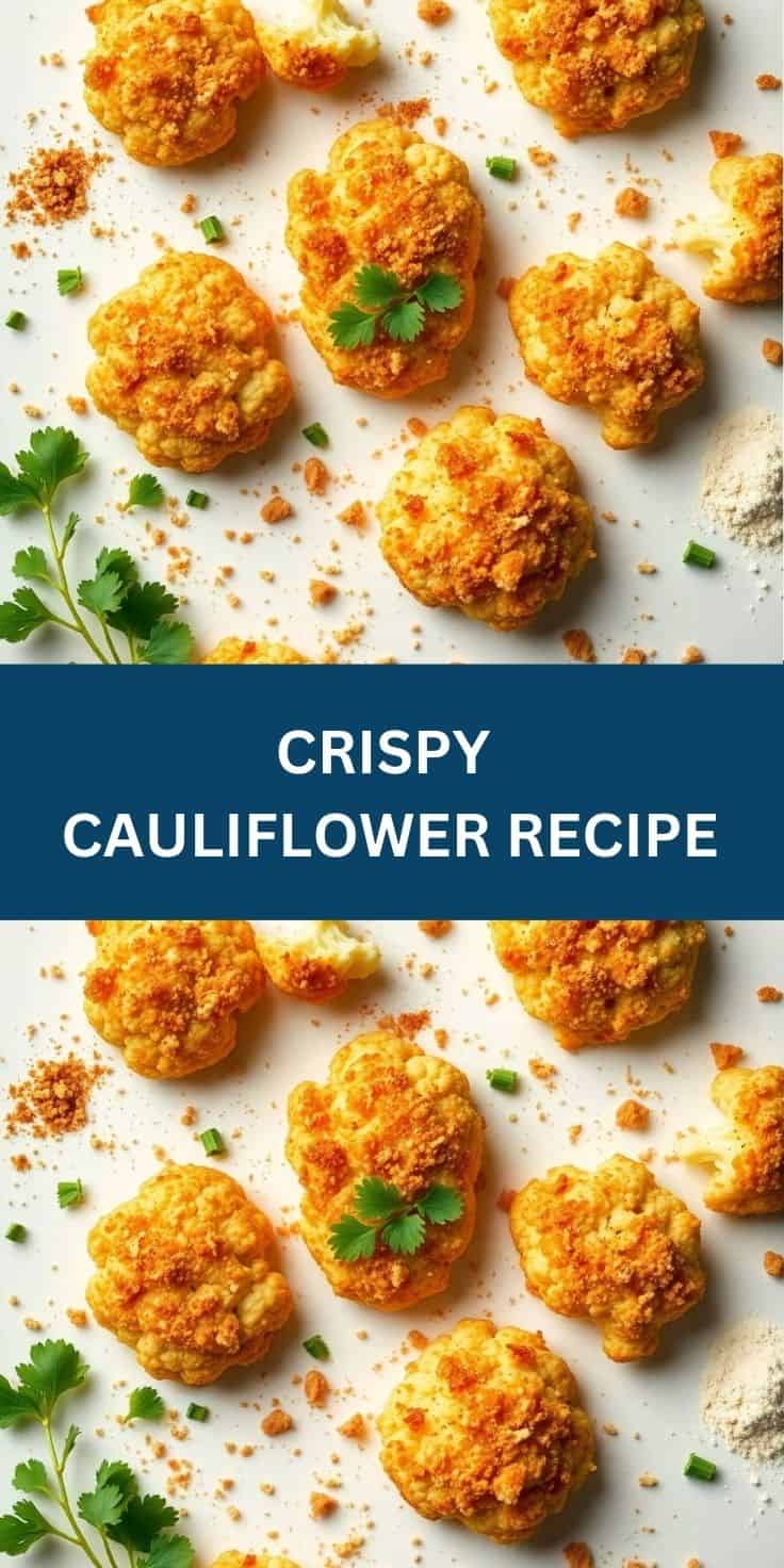 Golden-brown crispy cauliflower florets garnished with fresh cilantro and green onions on white background.