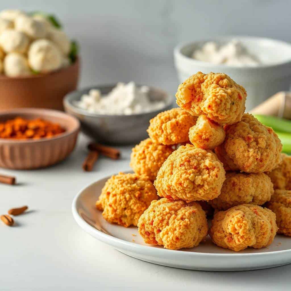 Crispy golden cauliflower florets stacked on white plate with spice bowls and ingredients in background.