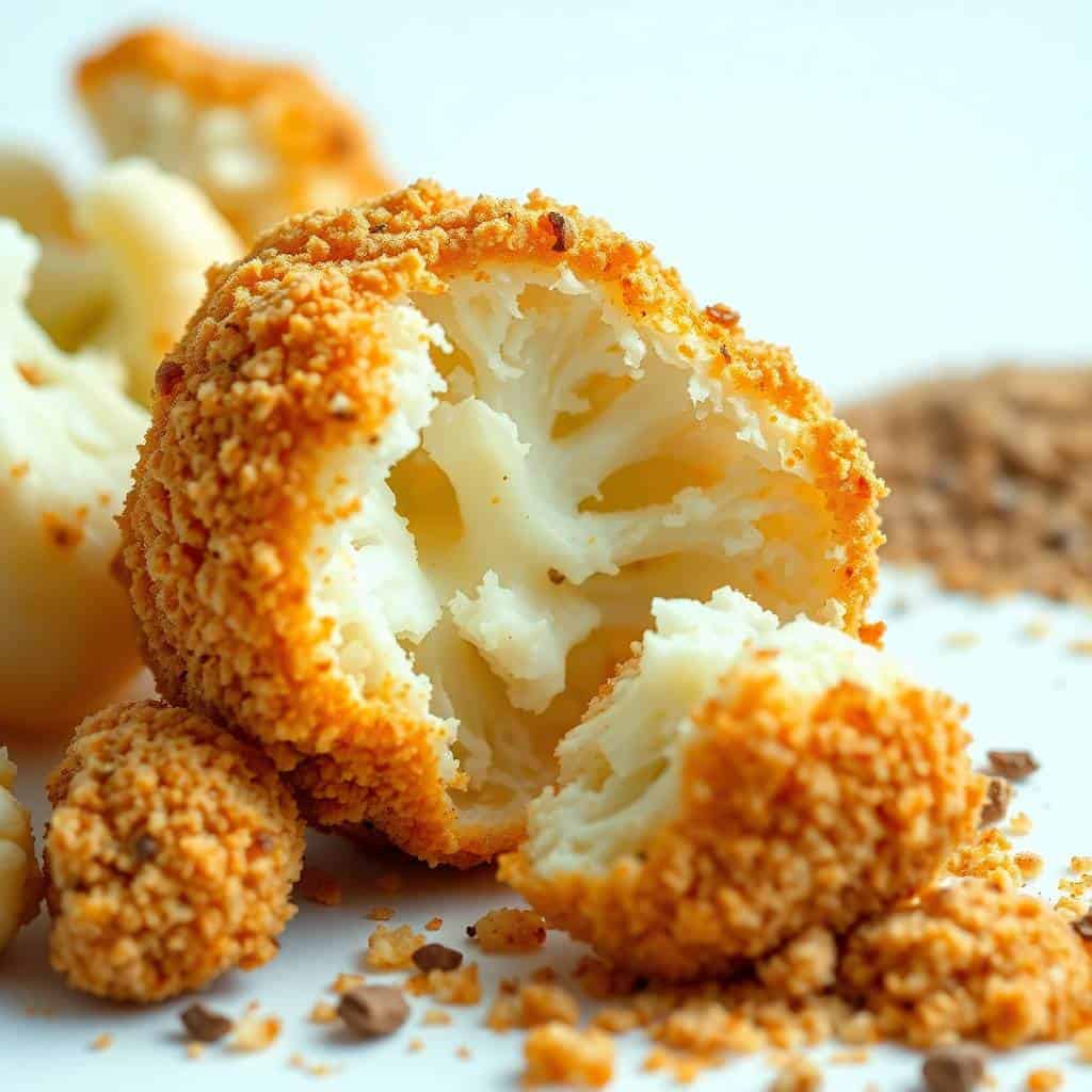 Crispy cauliflower florets with golden-brown breadcrumb coating, broken pieces scattered on white surface.