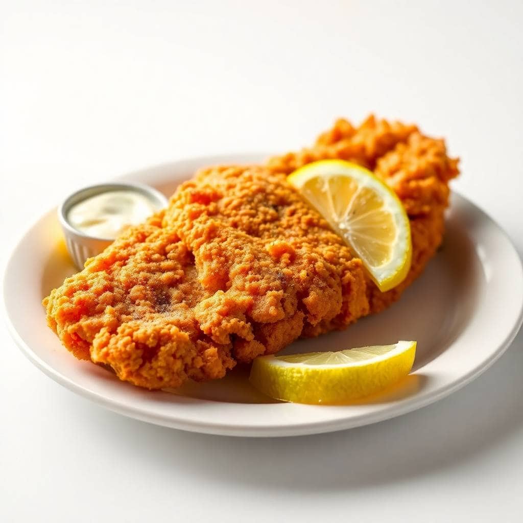 Crispy fried catfish fillets on white plate with lemon wedges and white dipping sauce.