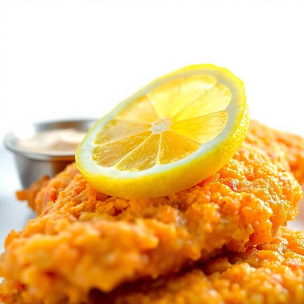 Crispy fried catfish topped with lemon slice, served with tartar sauce on white plate.