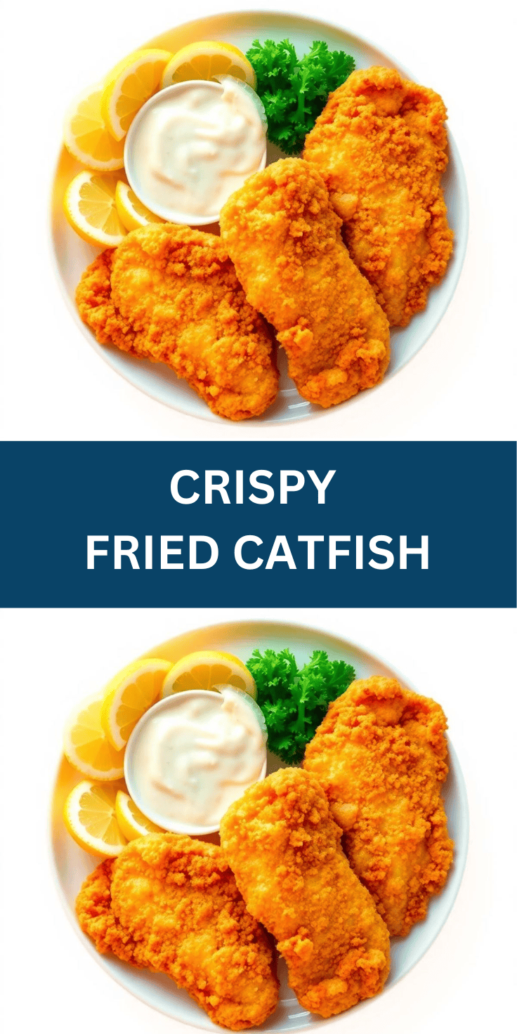 Golden crispy fried catfish fillets on white plate with tartar sauce, lemon slices, and parsley garnish.