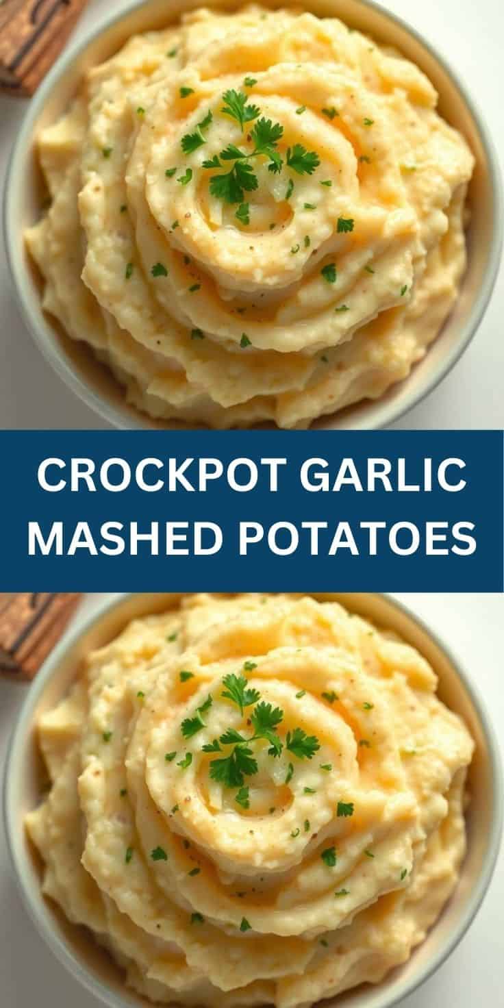 Creamy garlic mashed potatoes in white bowl, garnished with fresh parsley and butter swirl.