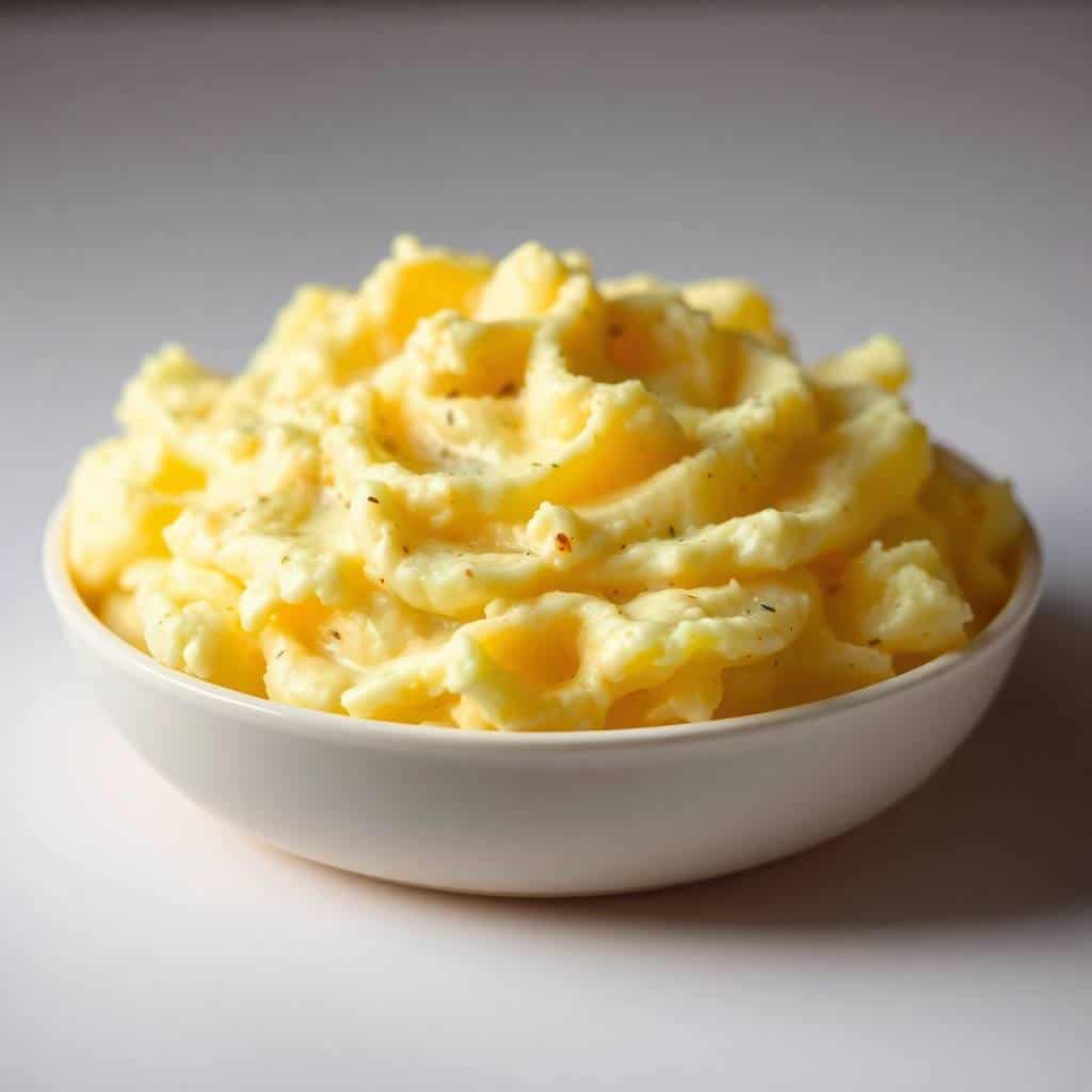 Creamy garlic mashed potatoes in white bowl, topped with butter and black pepper seasoning.