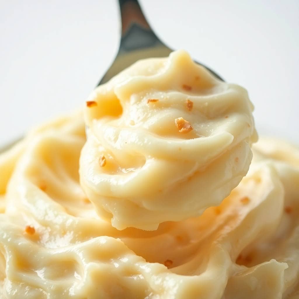 Creamy garlic mashed potatoes on fork with golden brown bits garnish, close-up detail shot.