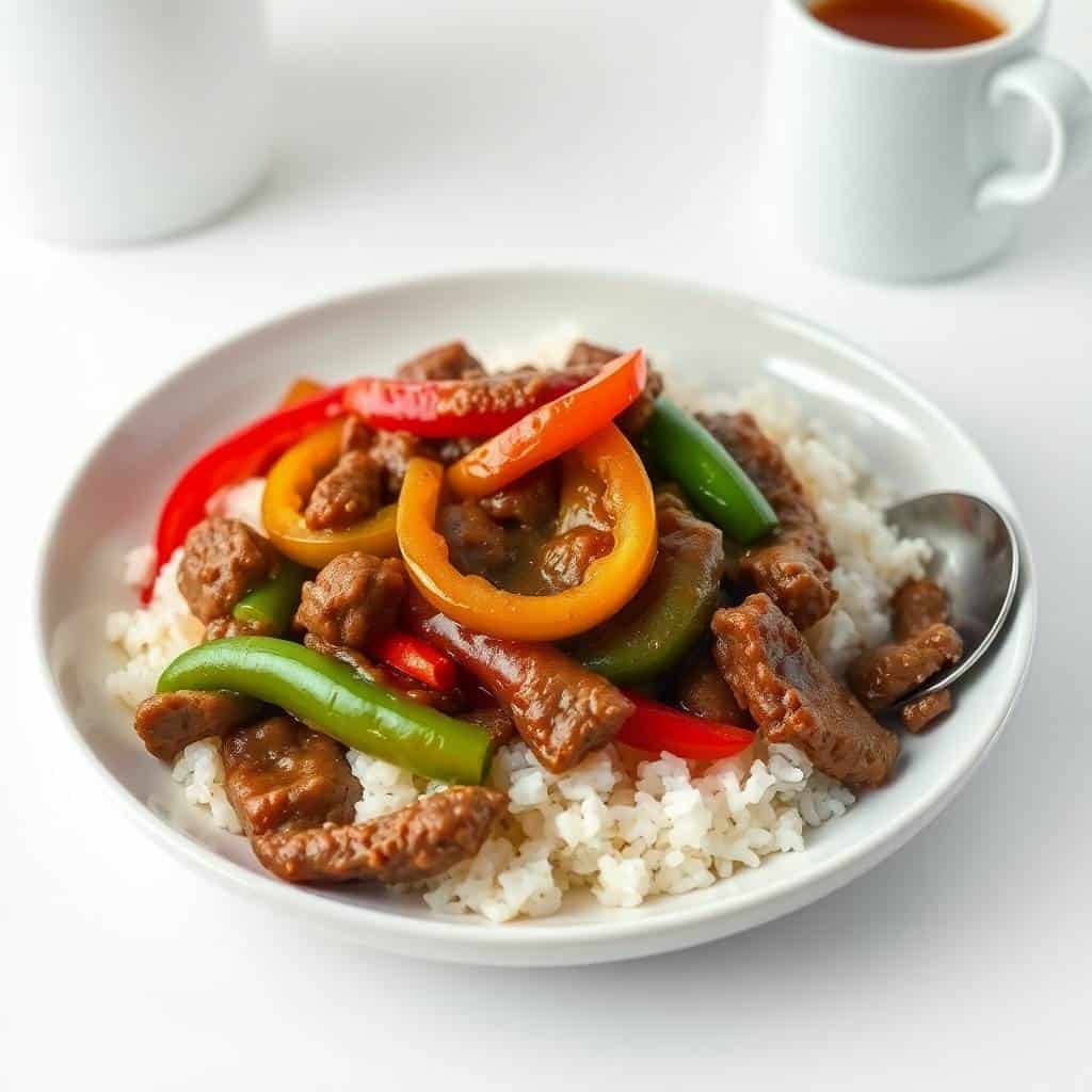 Crockpot pepper steak with tender beef, colorful bell peppers, and white rice in a white bowl.