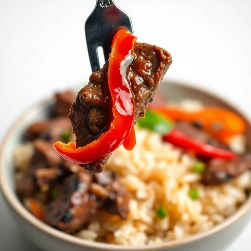 Crockpot pepper steak with red bell pepper and meat on fork over bowl of rice.