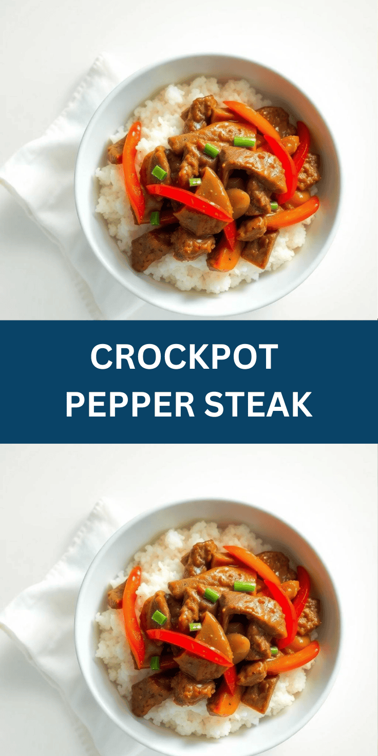 Crockpot pepper steak served over white rice in a white bowl, garnished with red peppers and green onions.