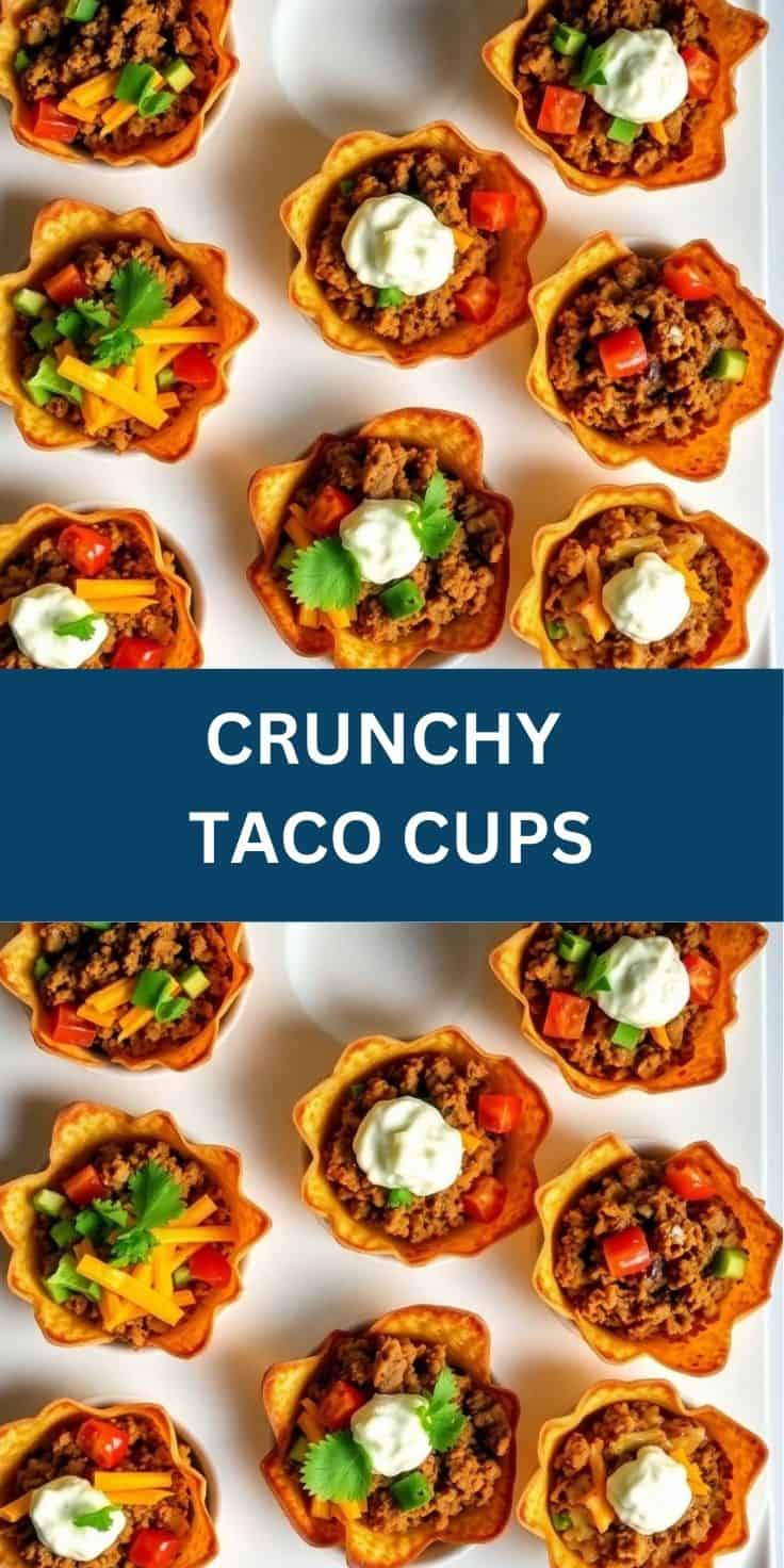 Crunchy taco cups filled with seasoned ground beef, topped with sour cream, cilantro, and diced peppers.