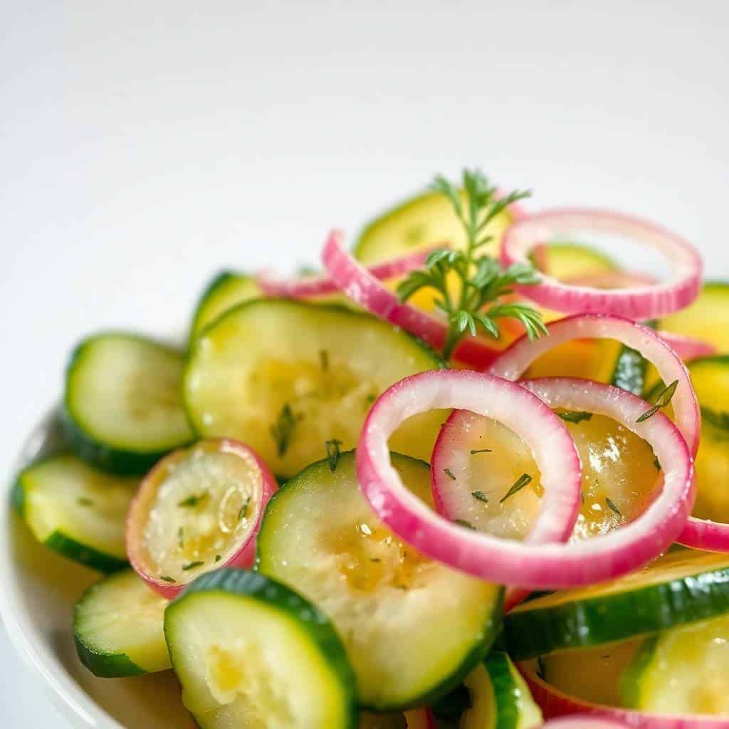 Cucumber salad with sliced cucumbers, pickled red onions, fresh rosemary garnish on white plate.