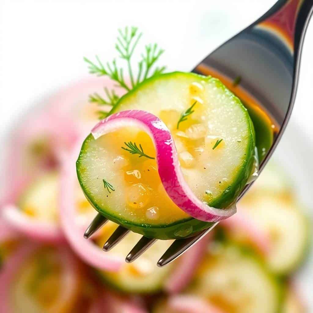 Sliced cucumber with pickled onion and fresh dill on fork, vibrant green and pink colors.