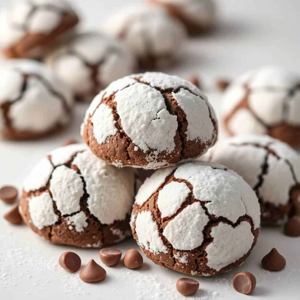 Double chocolate snowball cookies with white powdered sugar coating and chocolate chips on white surface.