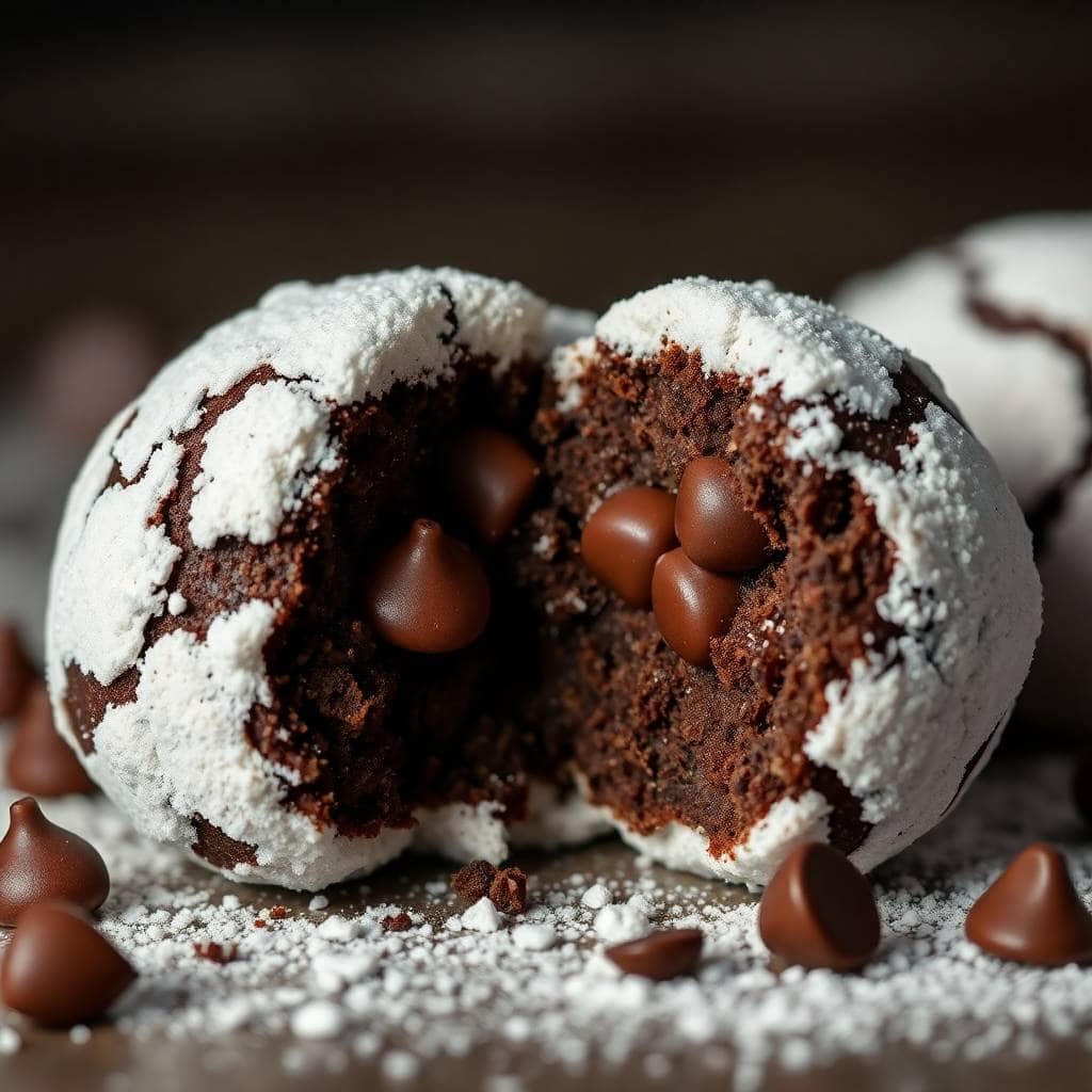 Double chocolate snowball cookie split in half, revealing chocolate chips inside, dusted with powdered sugar.