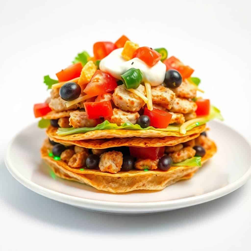 Stacked chicken tostadas topped with sour cream, diced peppers, black olives, and green onions on white plate.
