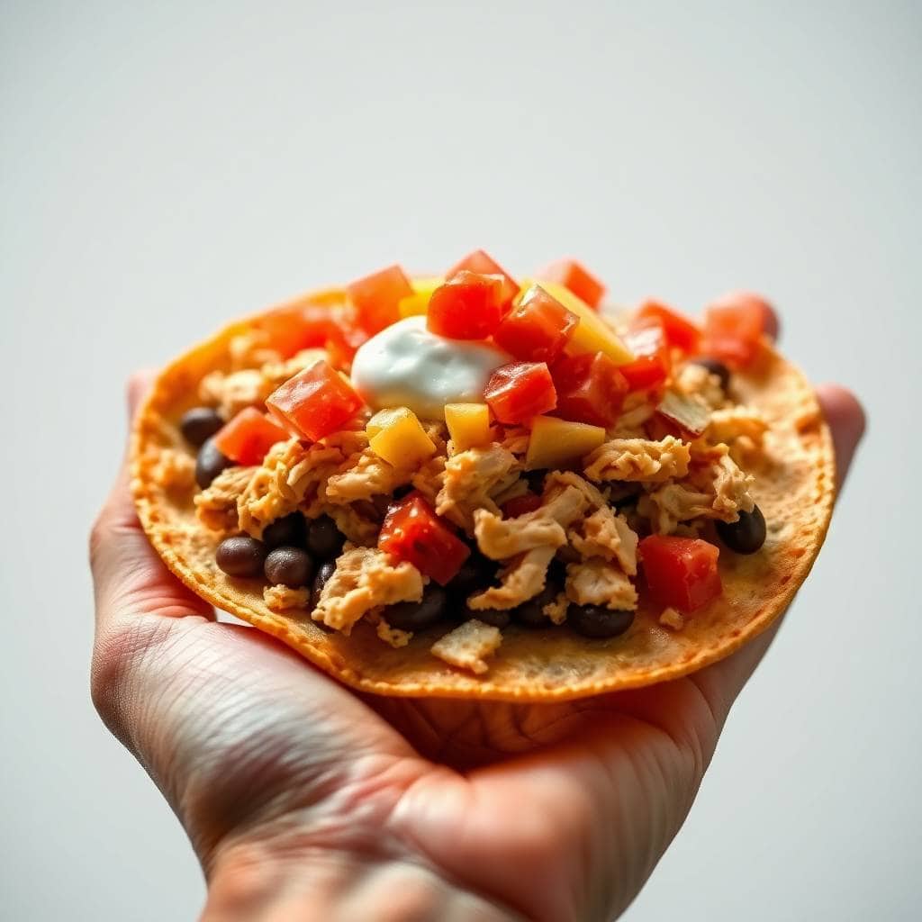 Hand holding a crispy tostada topped with shredded chicken, black beans, diced tomatoes, and sour cream.