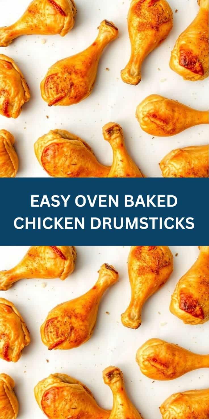 Golden-brown oven baked chicken drumsticks arranged on white parchment paper with crispy skin.