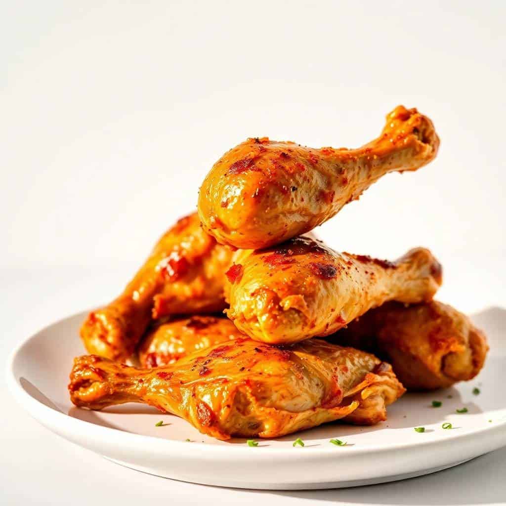 Golden-brown baked chicken drumsticks stacked on a white plate, garnished with chopped herbs.
