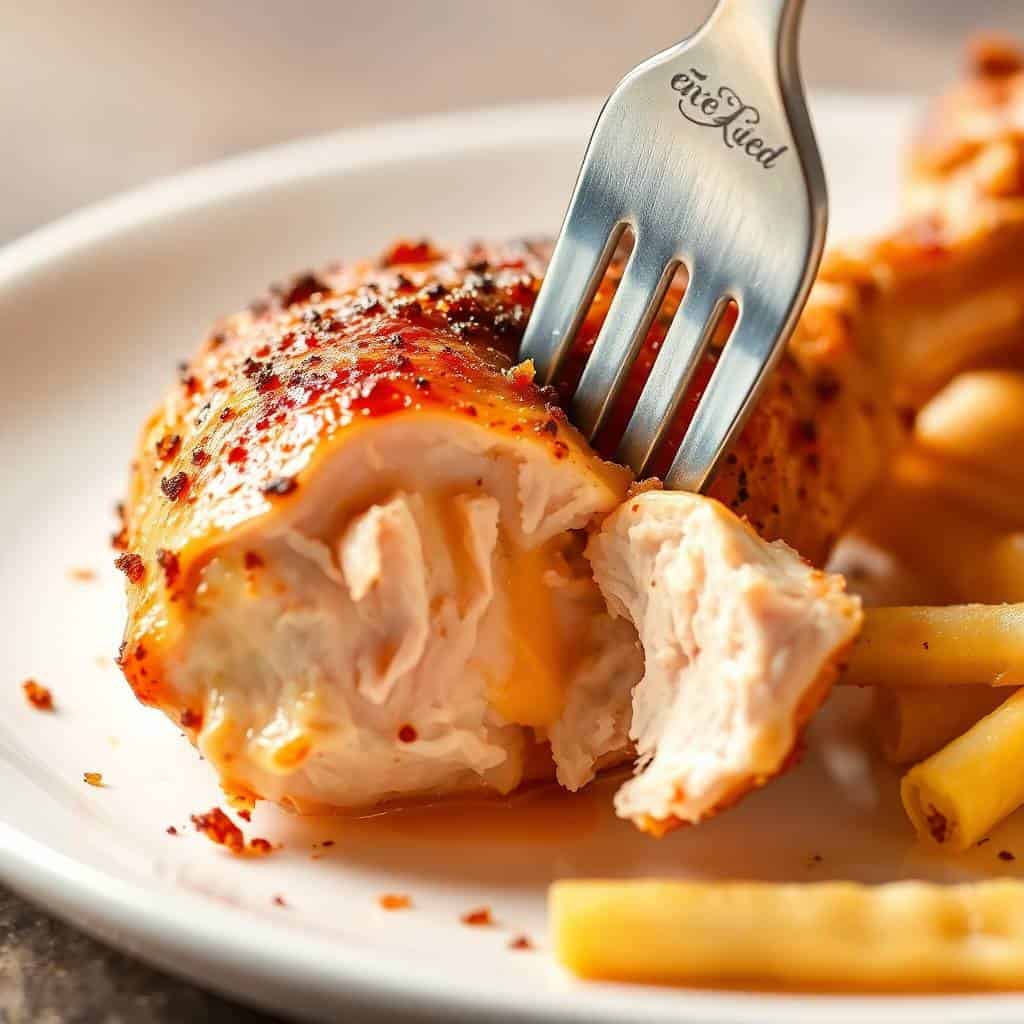 Golden-brown baked chicken drumstick with crispy seasoned crust, served with french fries on white plate.