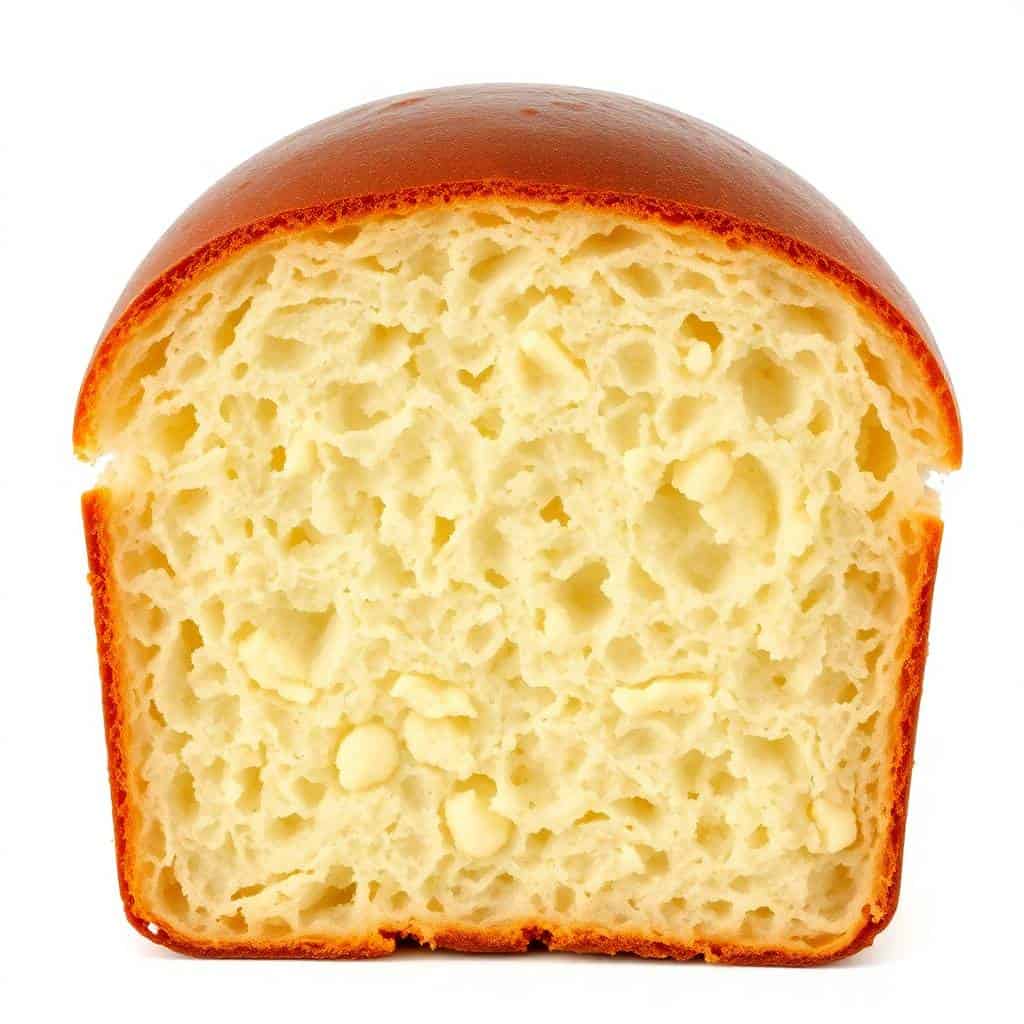 Golden-crusted sweet condensed milk bread slice showing soft, airy crumb structure with visible air pockets.