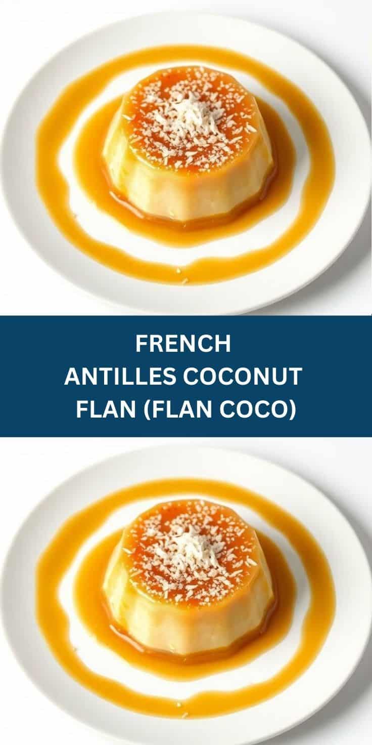 French Antilles coconut flan with caramel sauce and toasted coconut garnish on white plate.