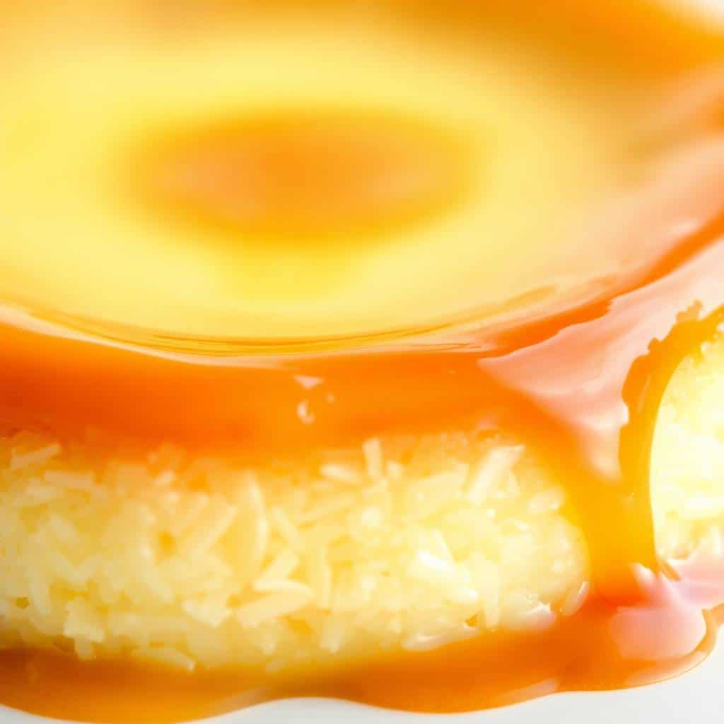 Golden caramel drips over creamy coconut flan custard on white plate.
