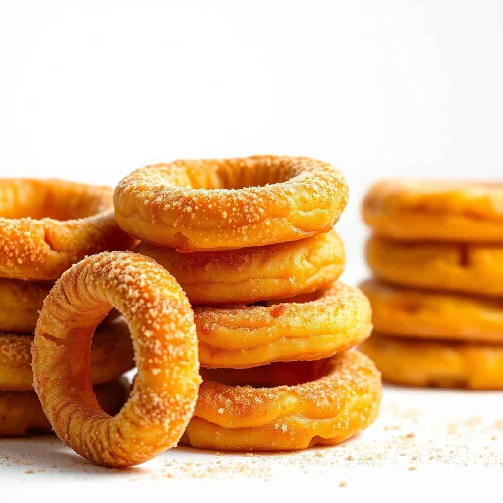 Golden fried cinnamon apple rings stacked and dusted with cinnamon sugar on white surface.